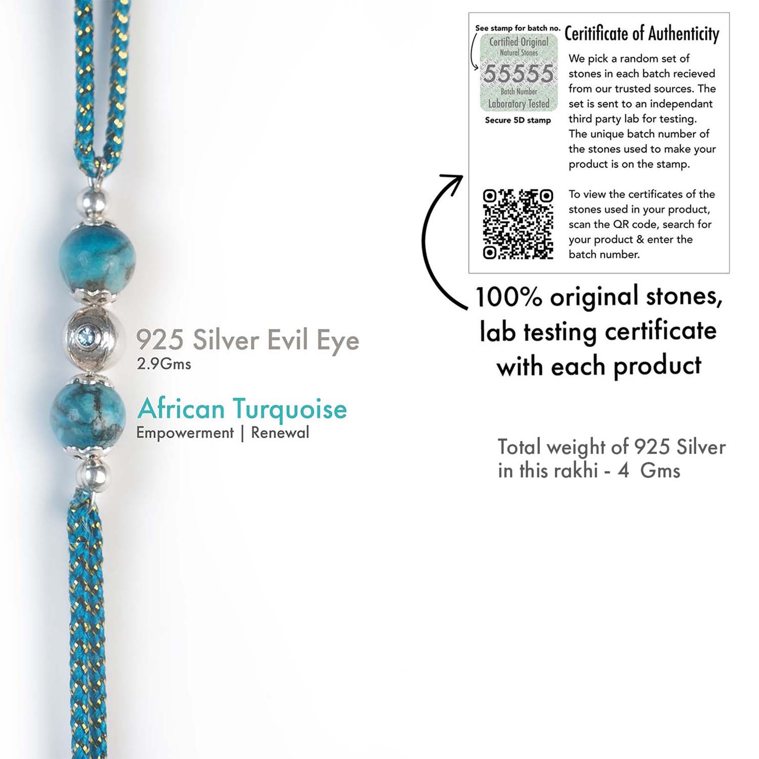 925 Sterling Silver Protective Evil Eye Natural Stone Rakhi