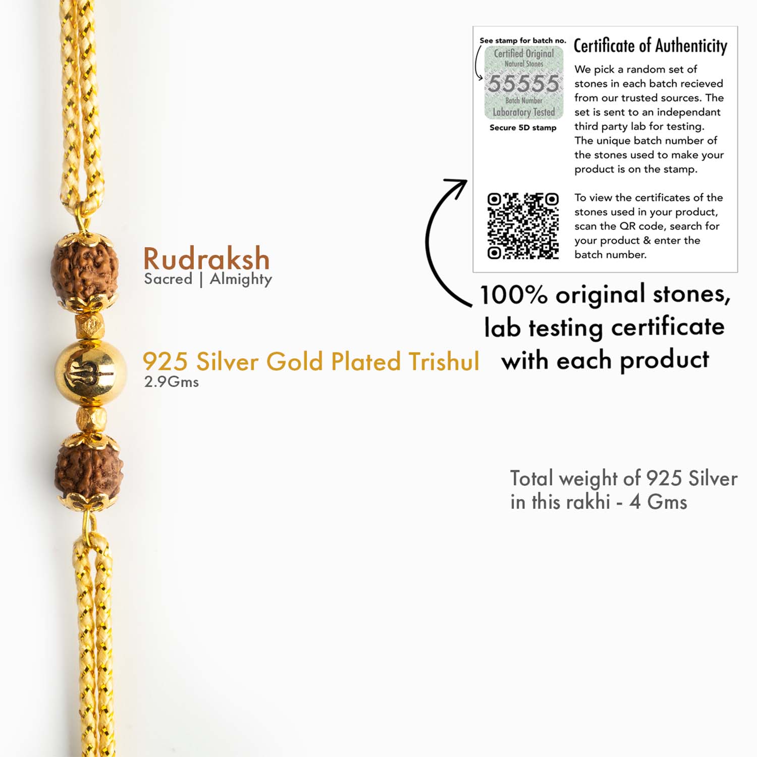 925 Sterling Silver Spiritual Rudraksh Trishul Natural Stone Rakhi