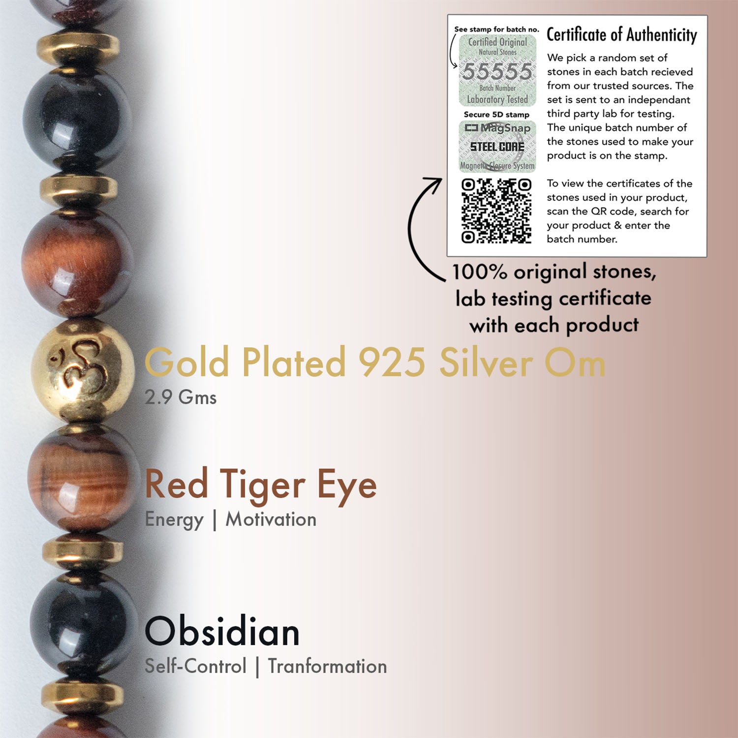 925 Sterling Silver Sacred Om Natural Stone Bracelet with MagSnap2