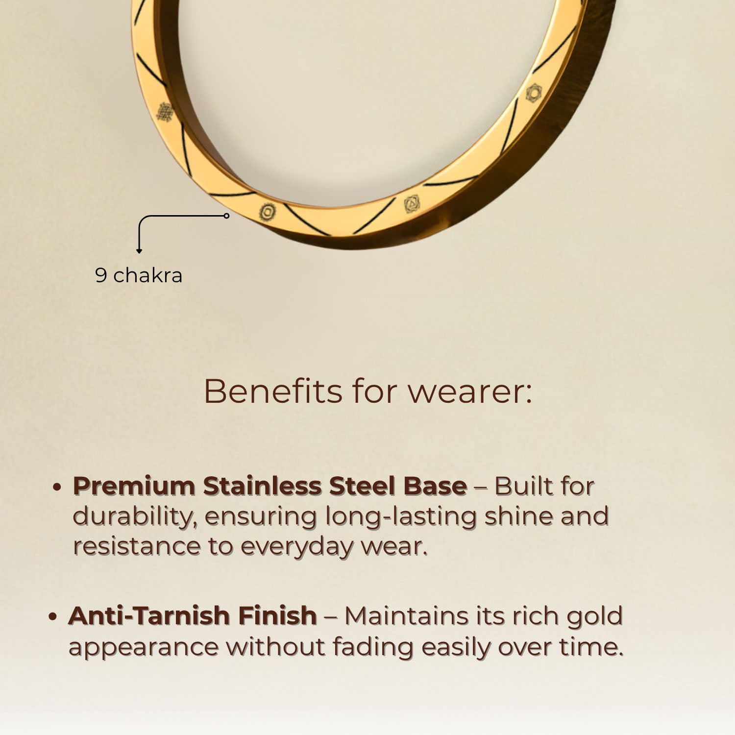 9 Chakra MicroCarved Classic Round Kada Gold