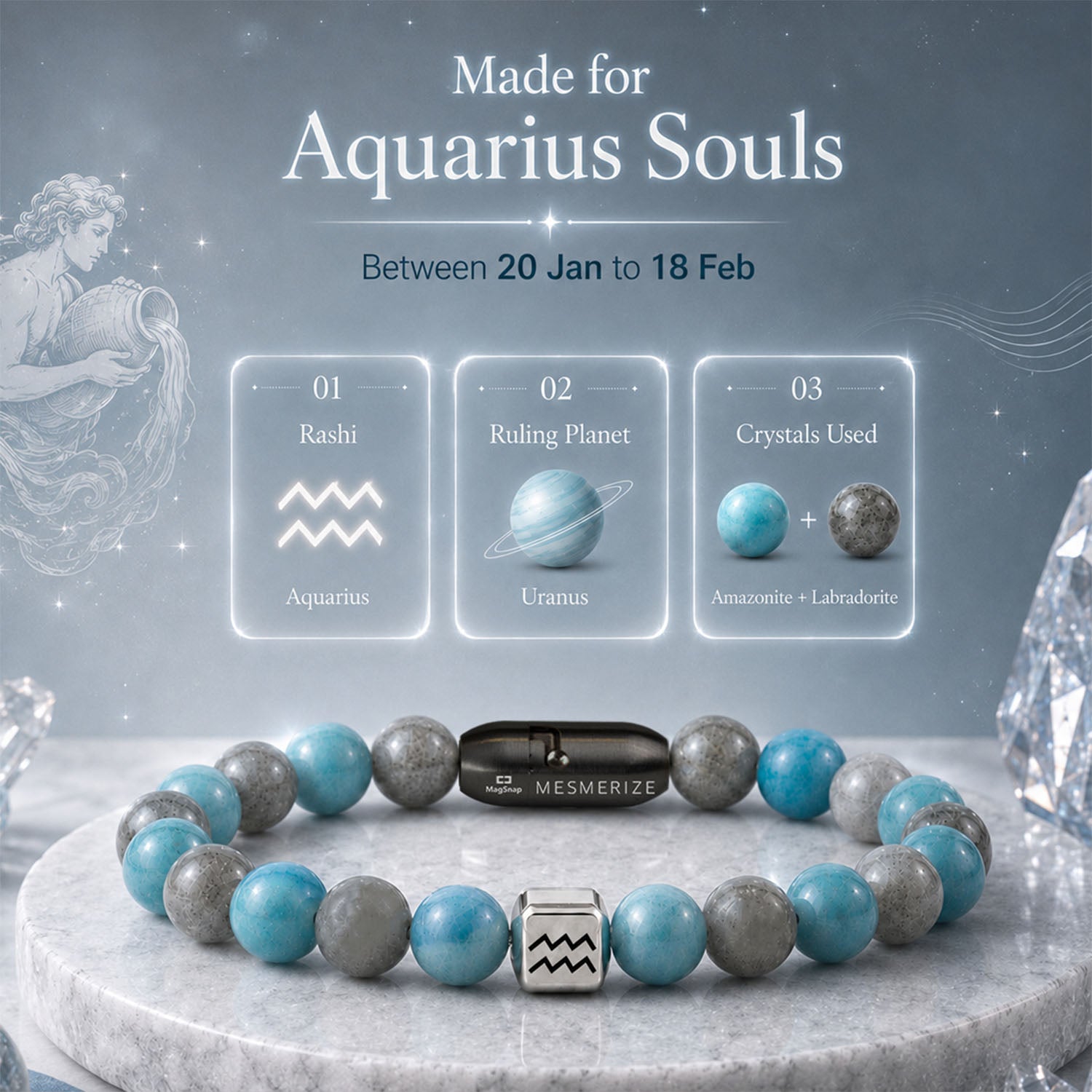 Aquarius (Kumbh) Zodiac Stone Bracelet with MagSnap 4