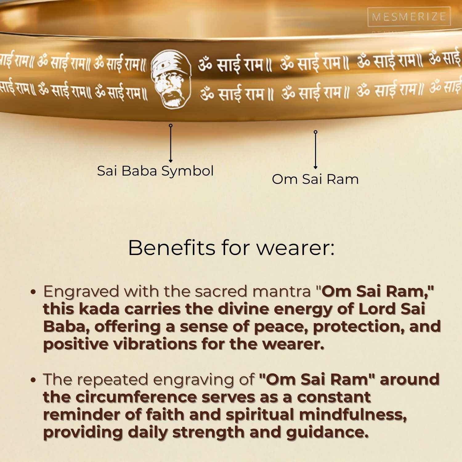 Silver Om Sai Ram MicroCarved Round Curved Kada