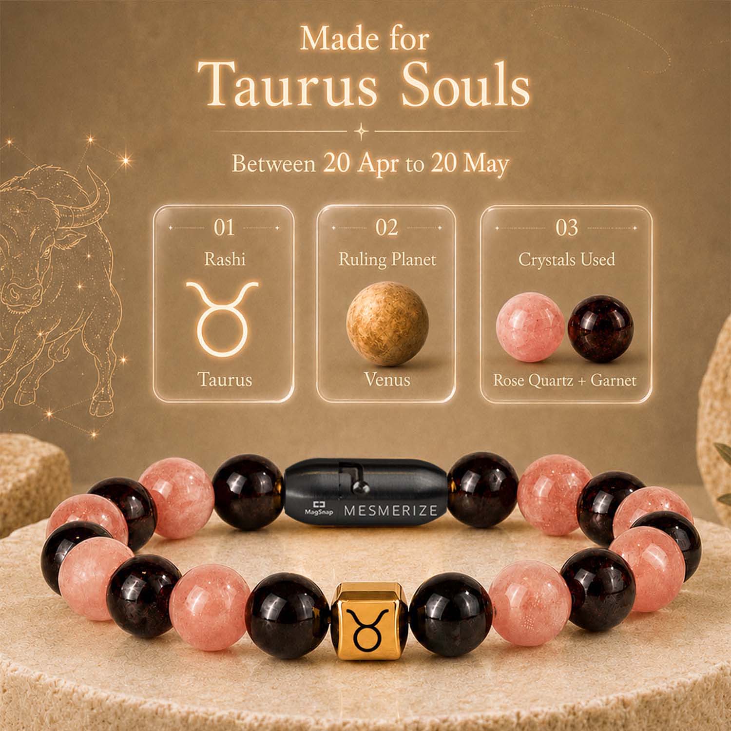 Taurus (Vrishabh) Zodiac Stone Bracelet with MagSnap 4