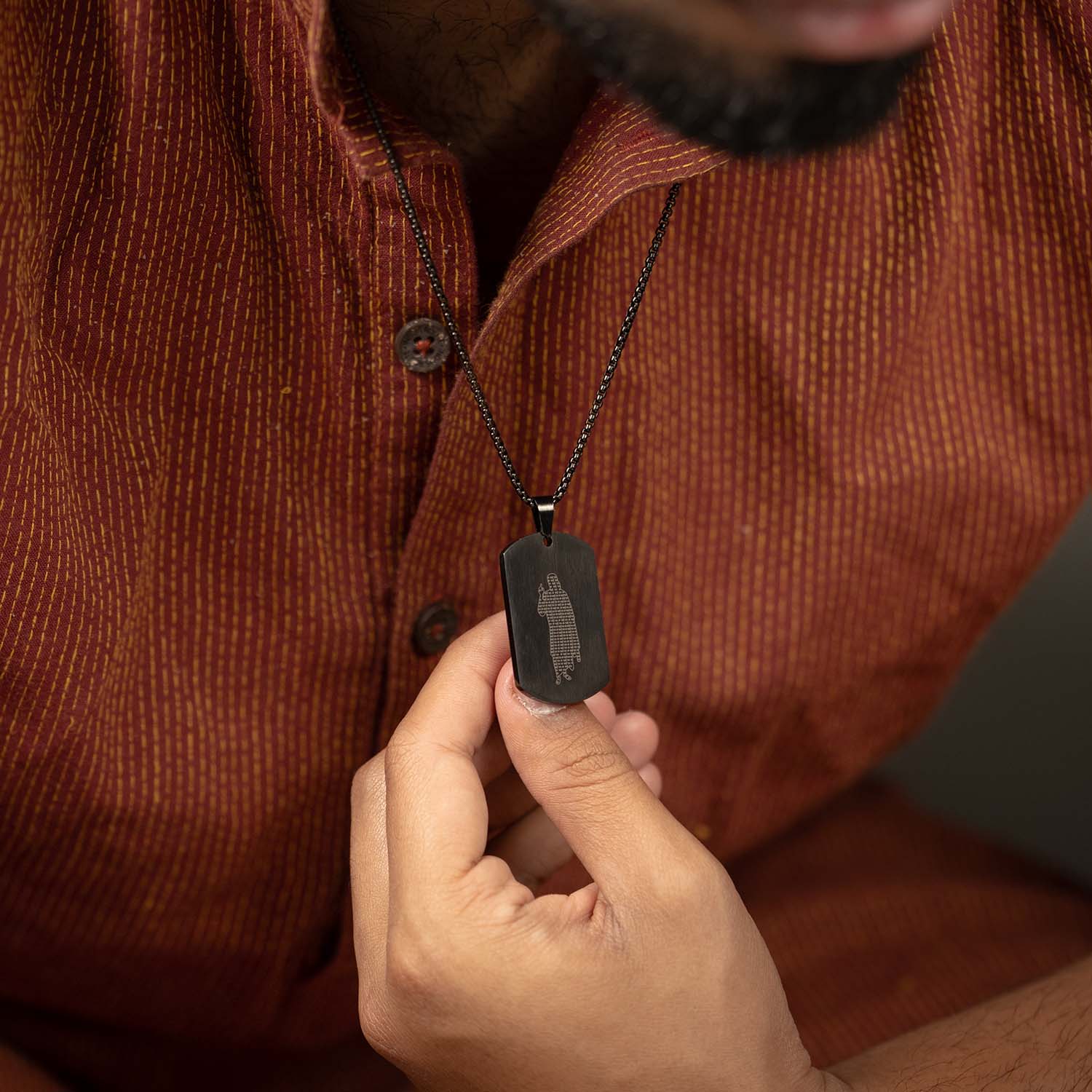 Om Sai Ram Inlay MicroCarved Tag Necklace Black