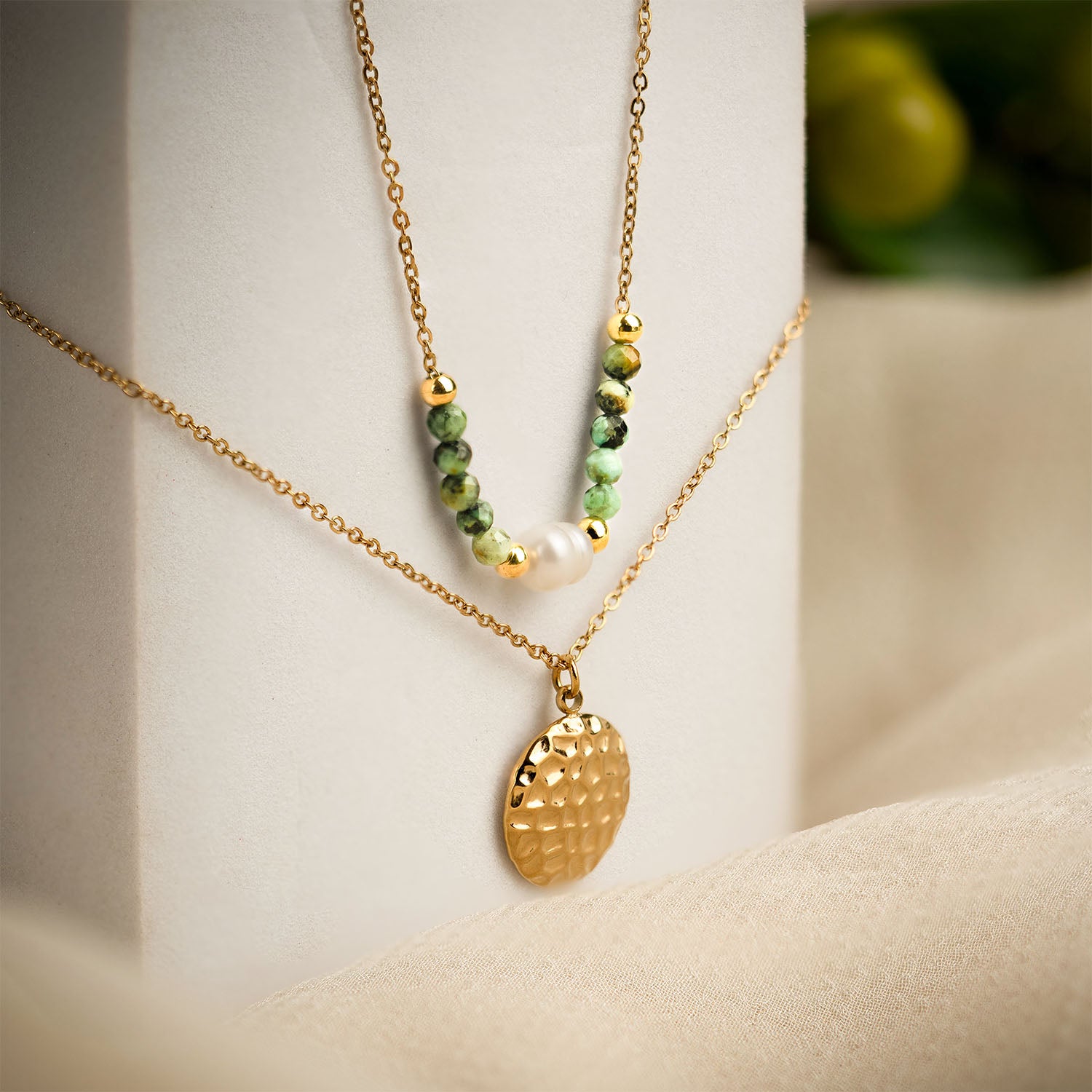 Ciara Layered Gold Necklace with Emerald Stone