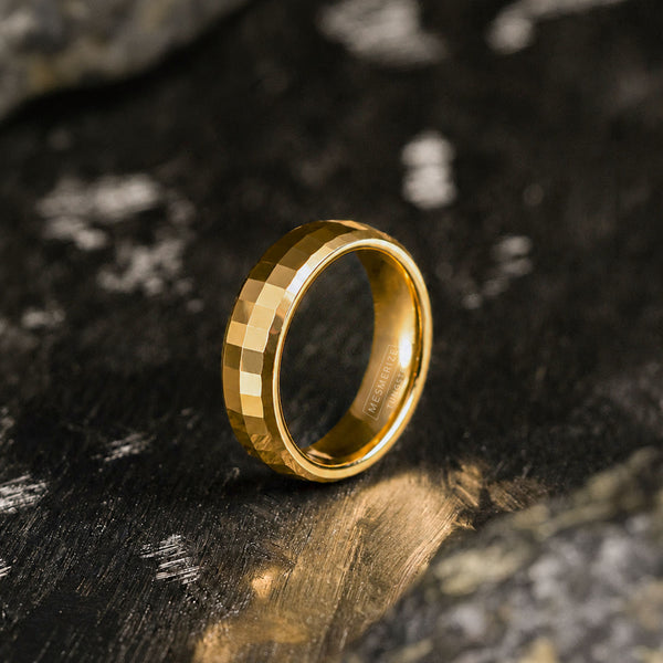 Gold Multi-Faceted Mirror Finish Tungsten Carbide Band Ring