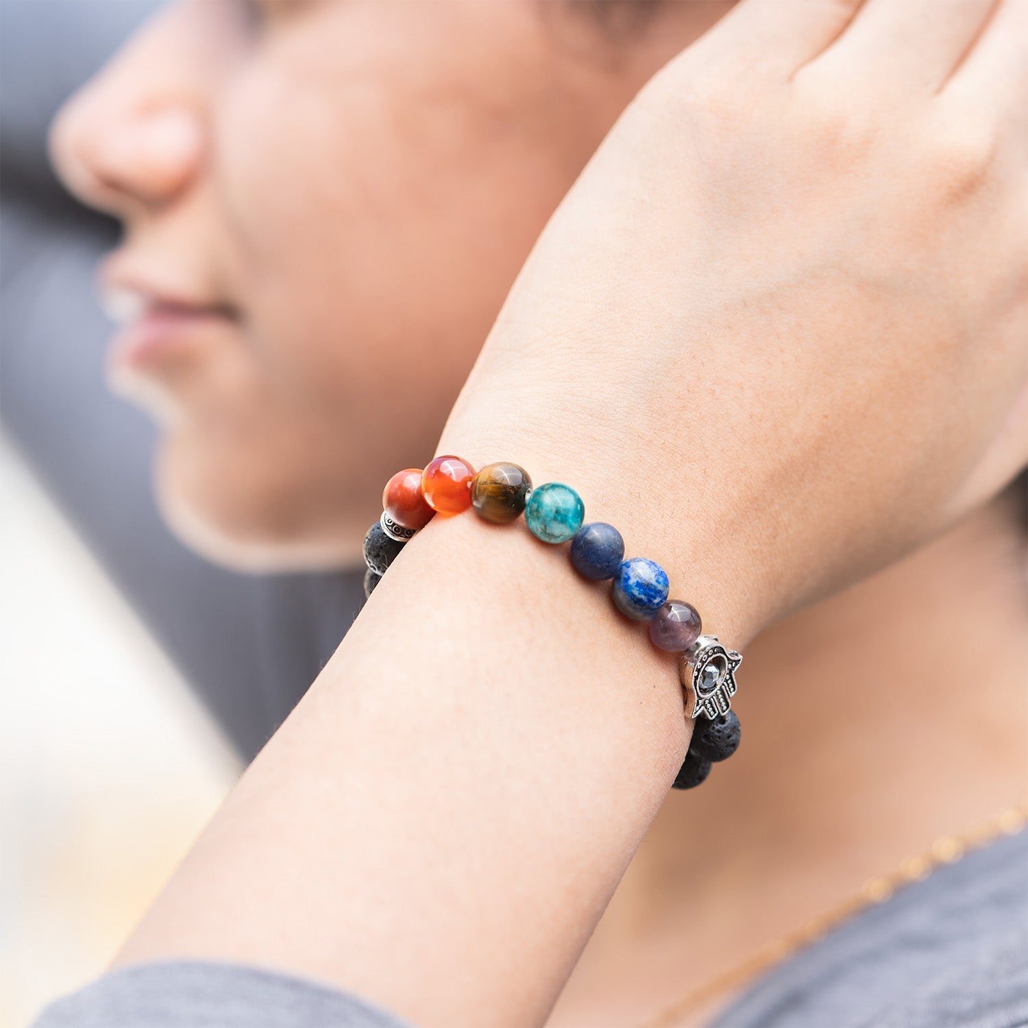 Natural Stone Jewellery Lava 7 Chakra Natural Stone Hamsa Elastic Bracelet