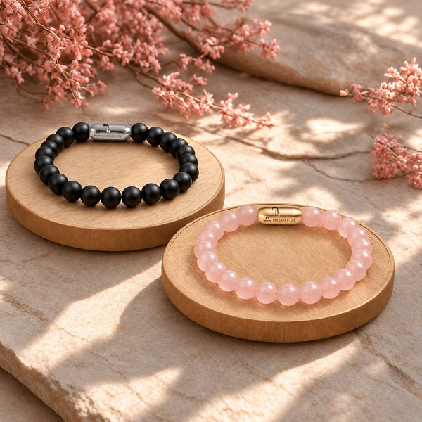 Onyx & Rose Quartz Natural Stone Couple Bracelet with Magsnap 2