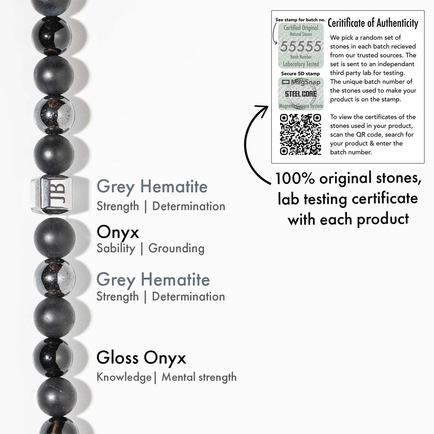 Personalised Serenity Strawberry Quartz & Stealth Gloss Onyx Natural Stone Couple Bracelets with Magsnap 2