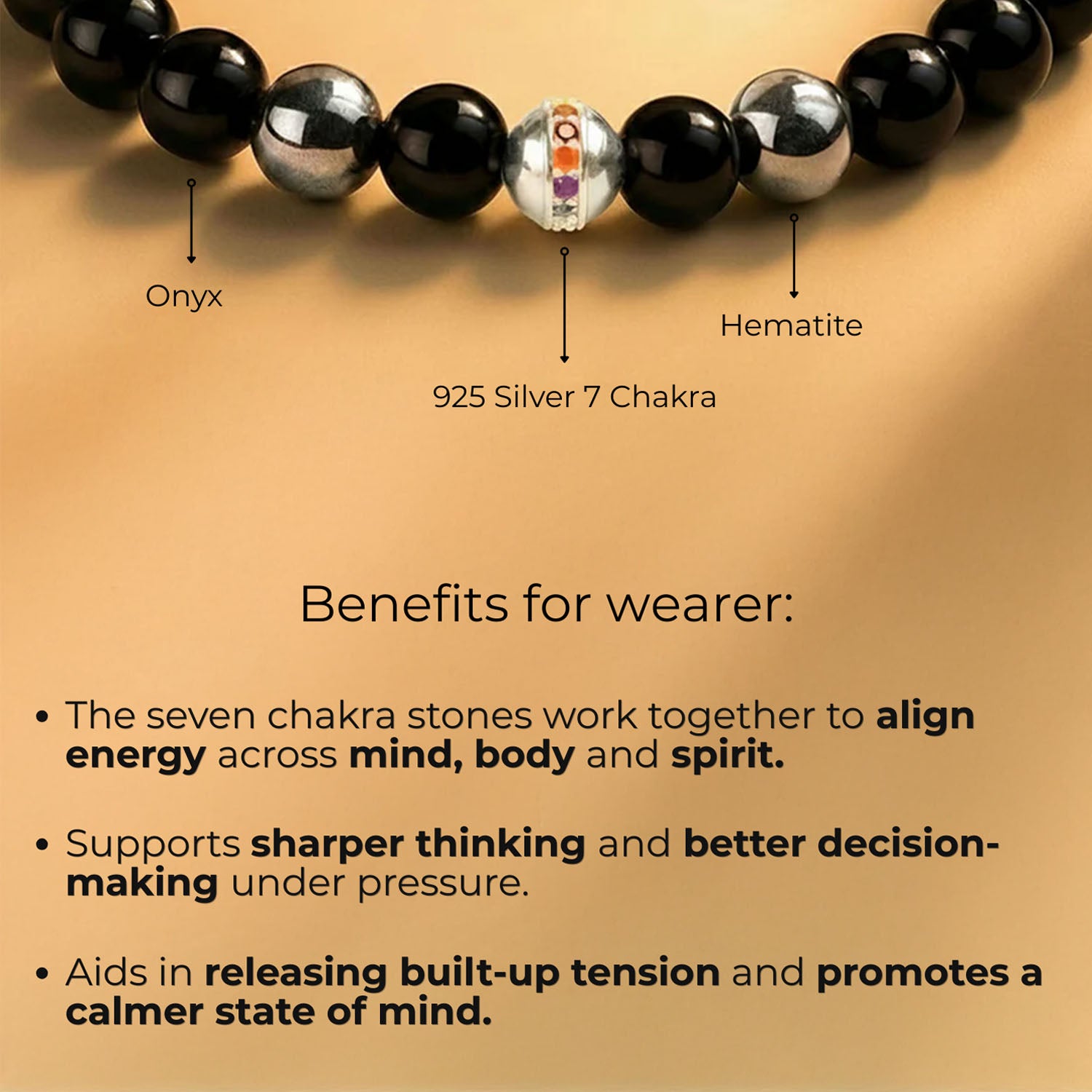 925 Sterling Silver 7 Chakra And Hematite Natural Stone Bracelet With MagSnap2