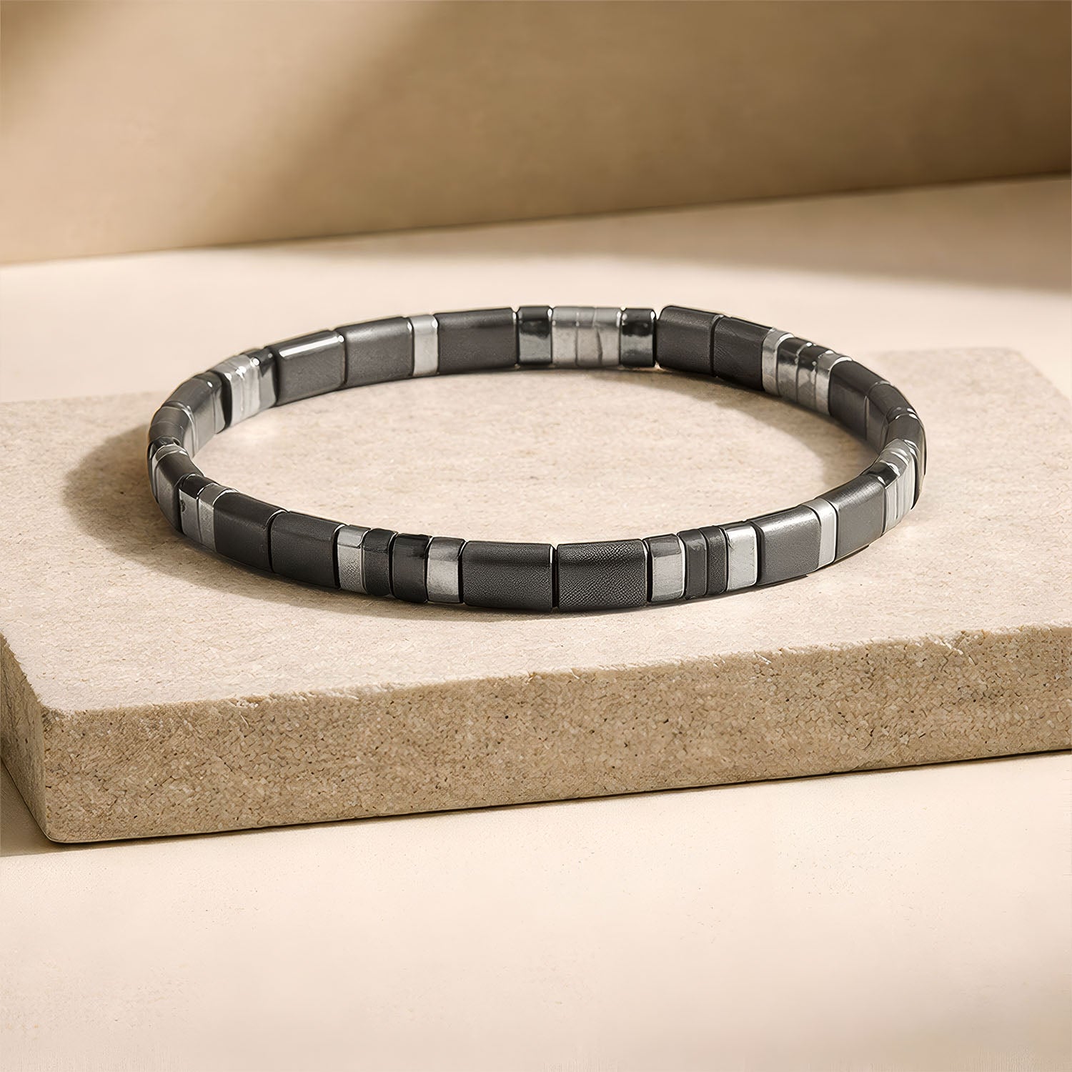 Silver Matrix Hematite Stack Natural Stone Bracelet