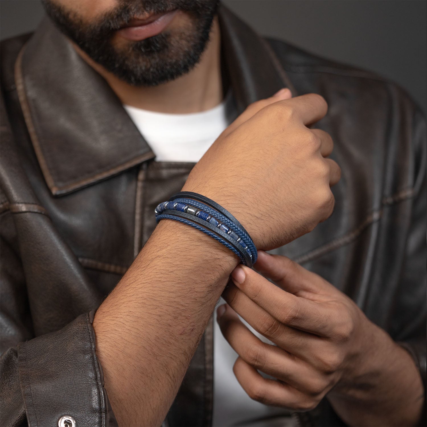 Wisdom Lapis Barrel Beads NeoLeather Bracelet With MagSlide