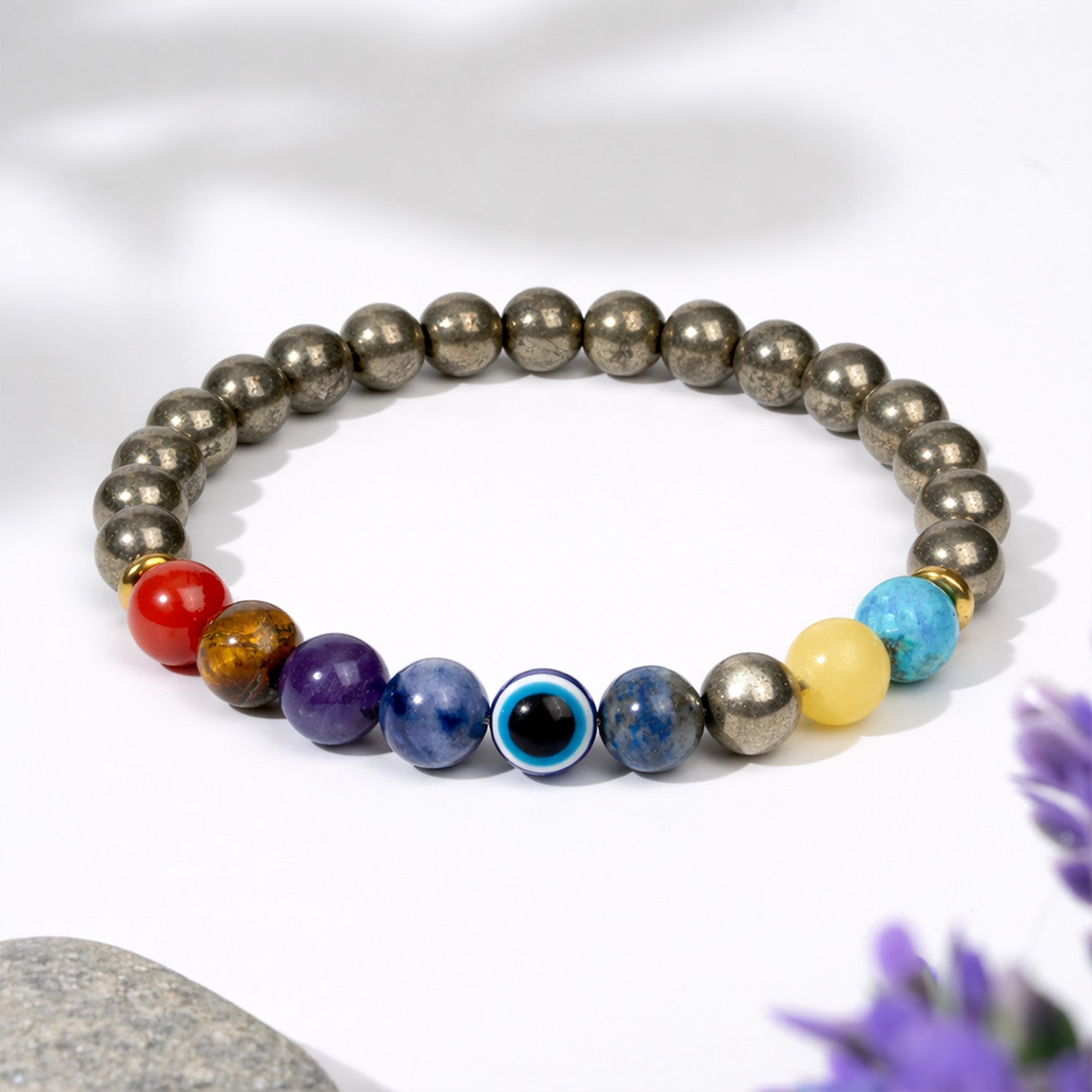 Money Magnet Pyrite 9 Chakra Natural Stone Bracelet Elastic