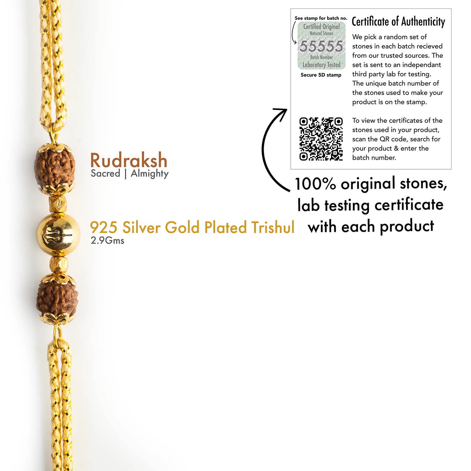 925 Sterling Silver Spiritual Rudraksh Trishul Natural Stone Rakhi