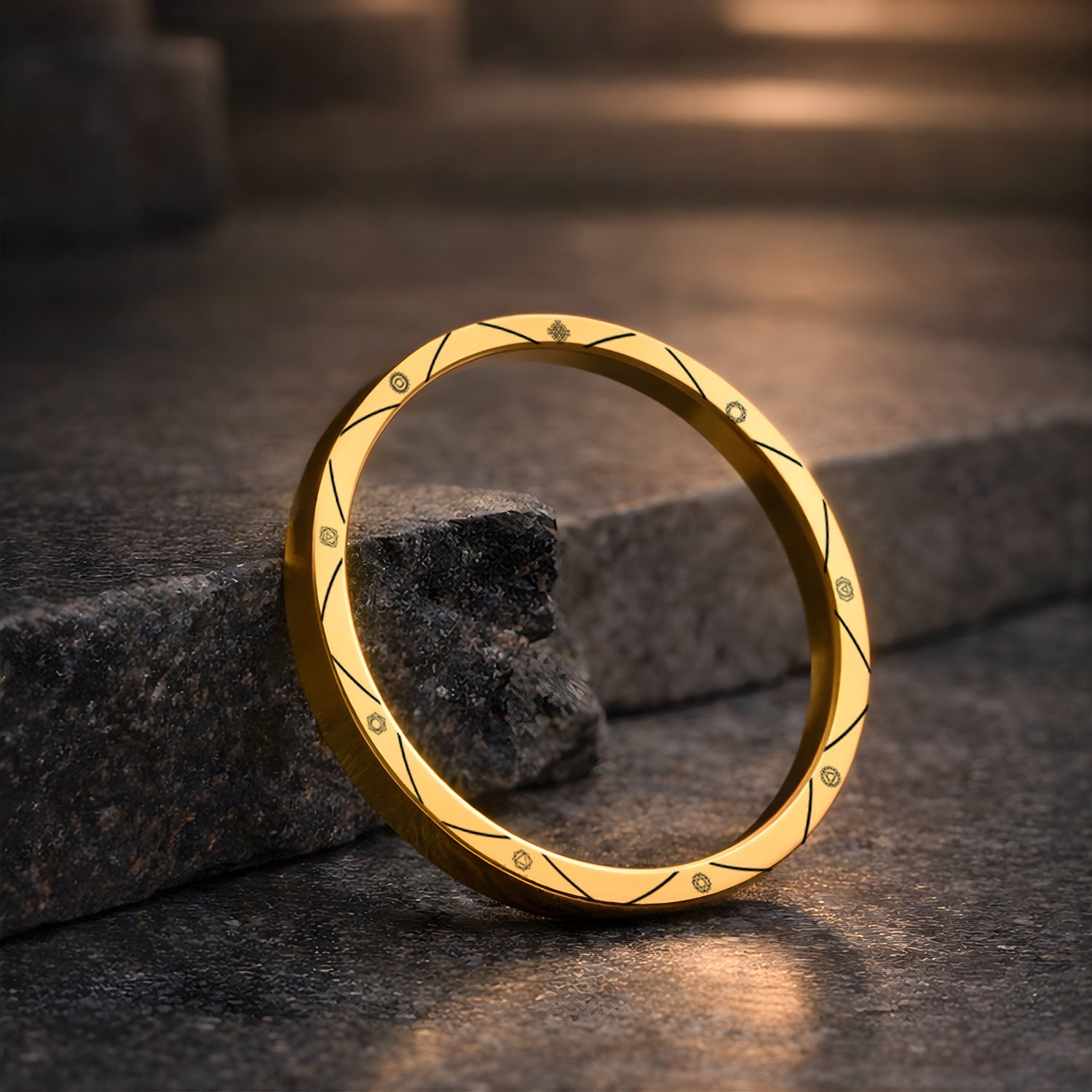 9 Chakra MicroCarved Classic Round Kada Gold