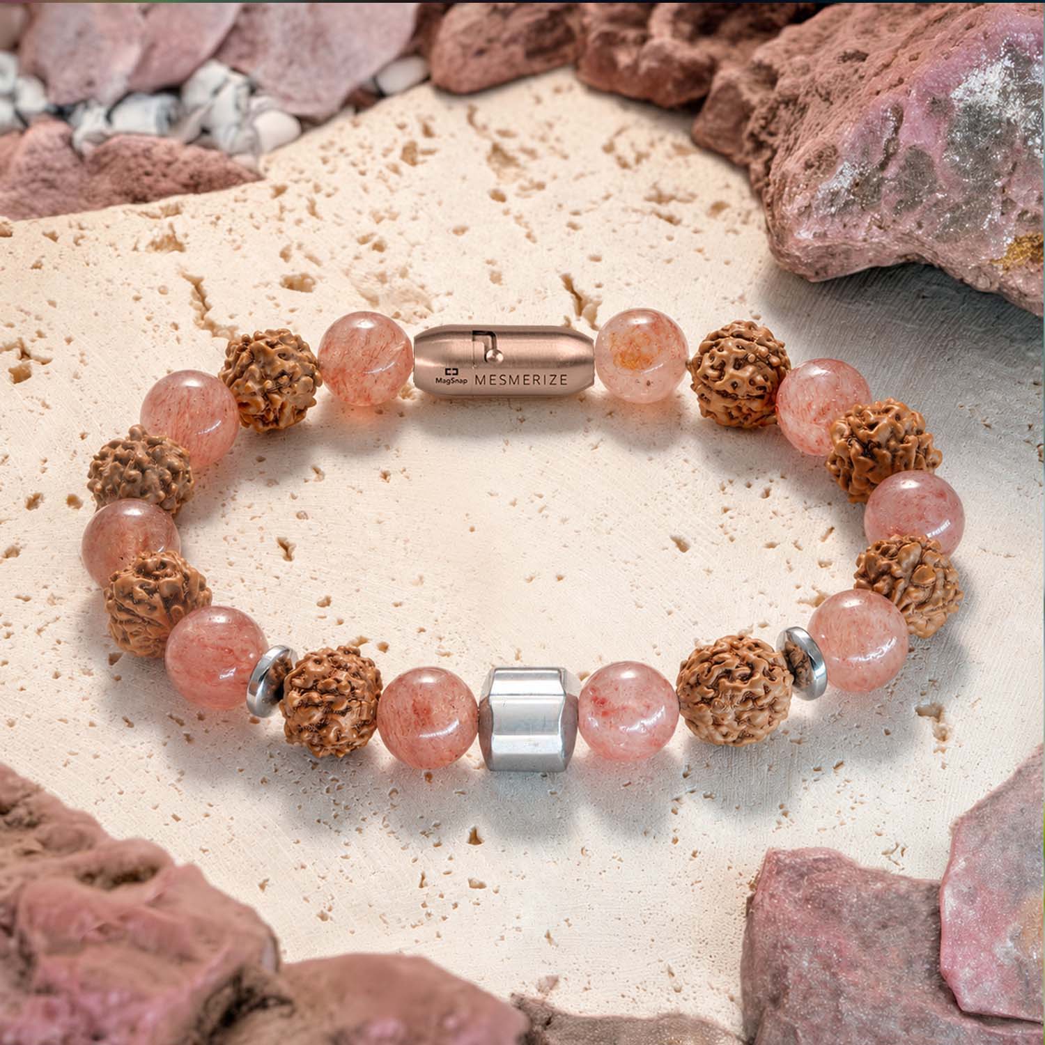 Serenity Strawberry Quartz & Rudraksh Bracelet with Magsnap2