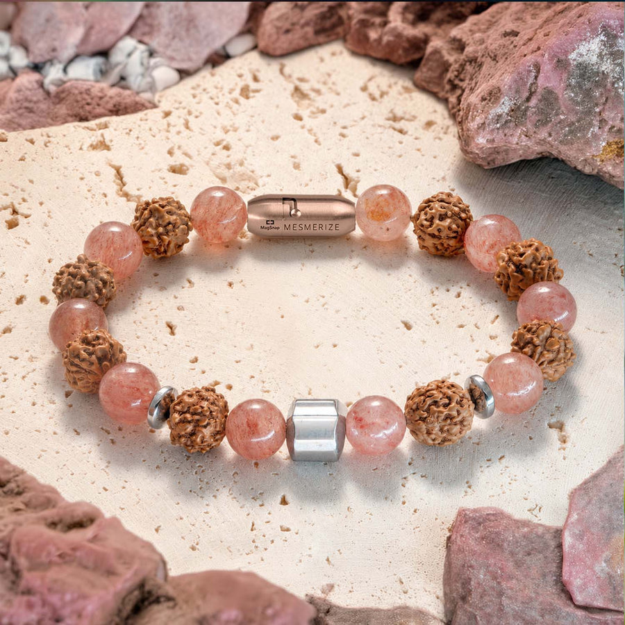 Personalised Serenity Strawberry Quartz & Rudraksh Natural Stone Bracelet