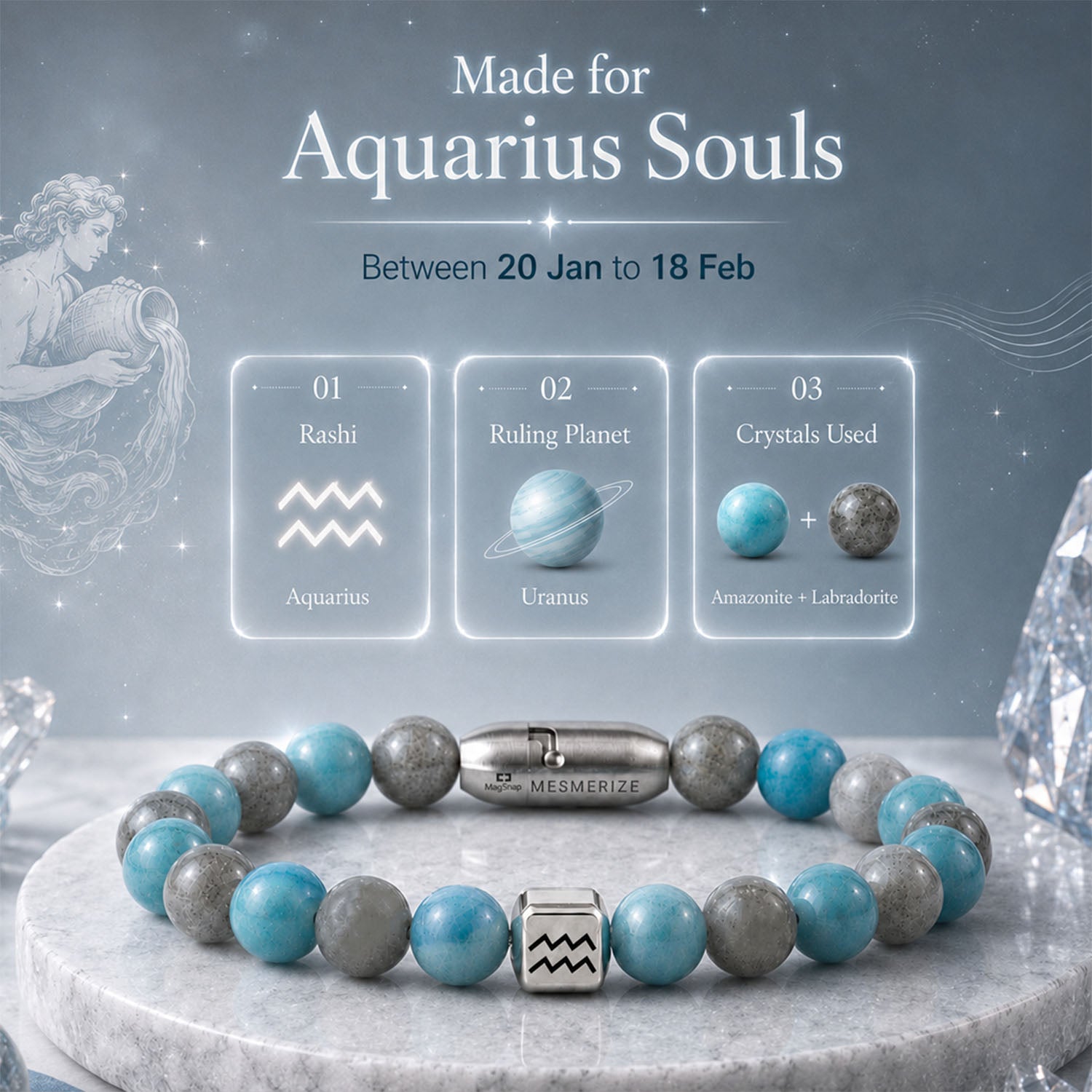 Aquarius (Kumbh) Zodiac Stone Bracelet with MagSnap 4