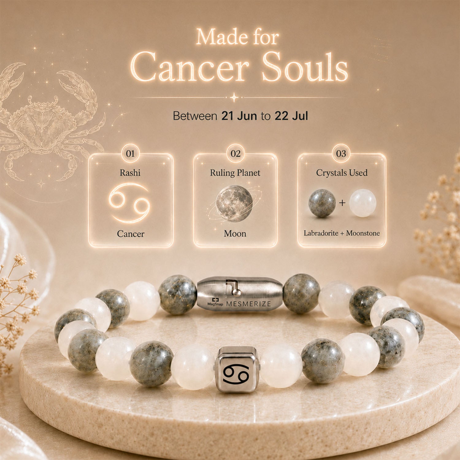 Cancer (Kark) Zodiac Stone Bracelet with MagSnap 4