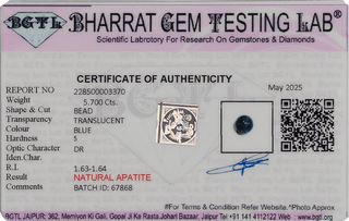 Blue Apatite lab certificate 2