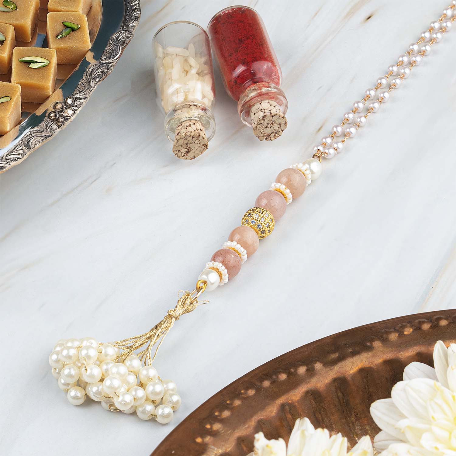 Calming Peach Moon Natural Stone Lumba Rakhi
