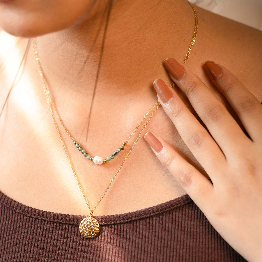 Ciara Layered Gold Necklace with African Turquoise Beads