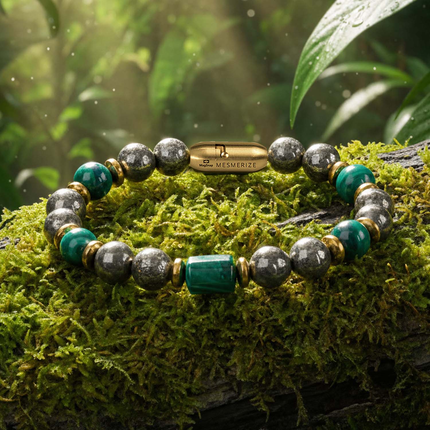 Fortune Pyrite & Cube Malachite Natural Stone Bracelet with Magsnap2