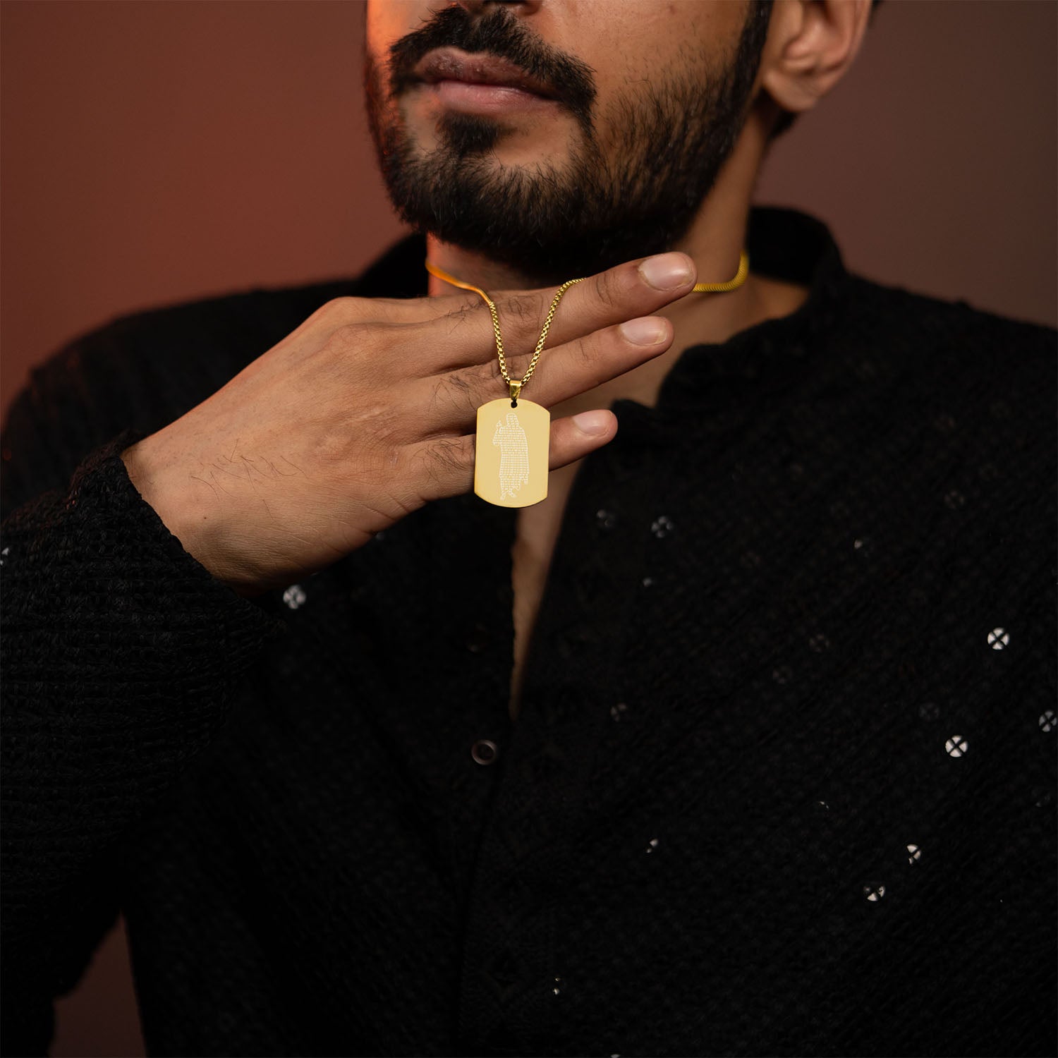 Om Sai Ram Inlay MicroCarved Tag Necklace Gold