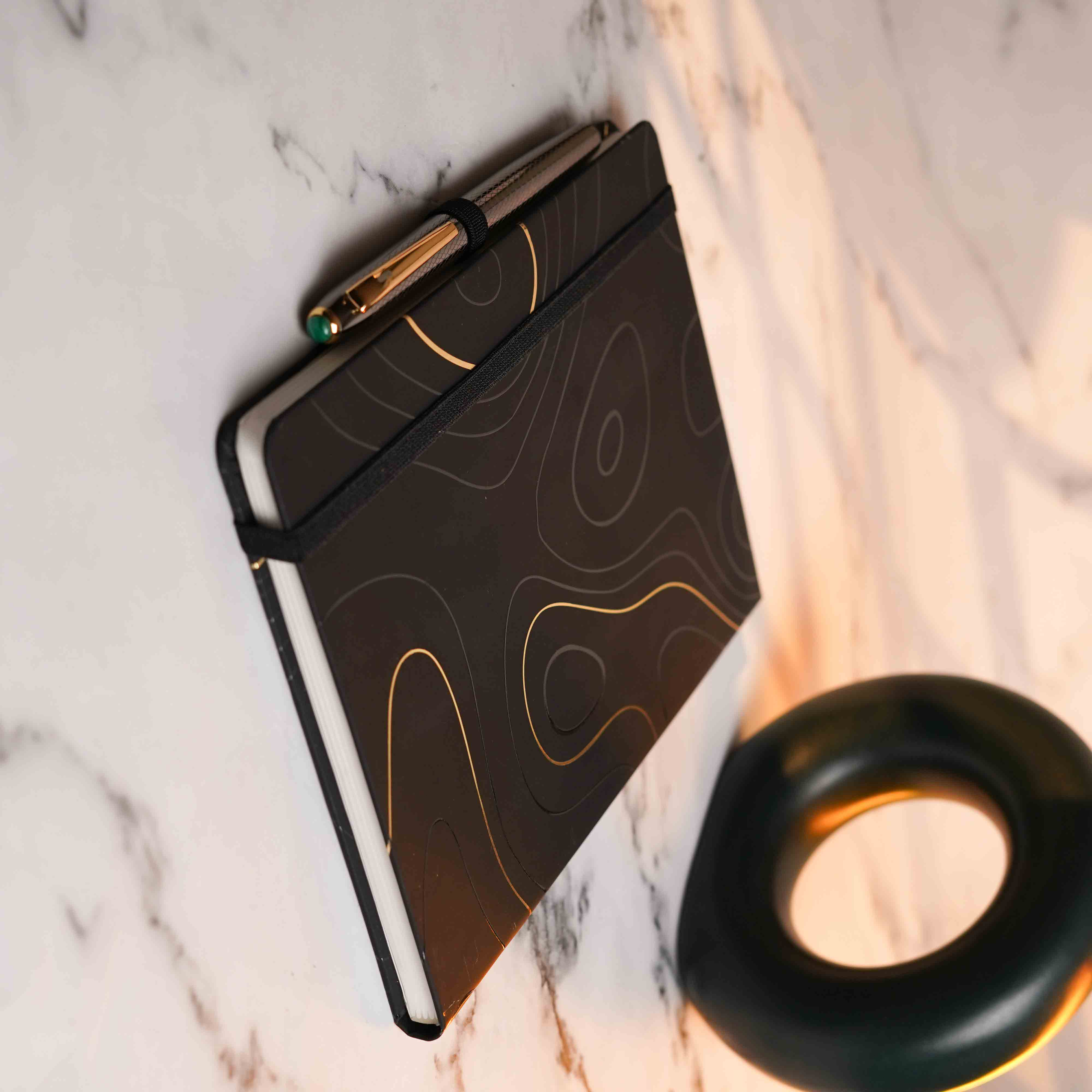 Matte Black Notebook with Malachite 2 in 1 MagSnap Roller Ball Pen with Stylus Personalised