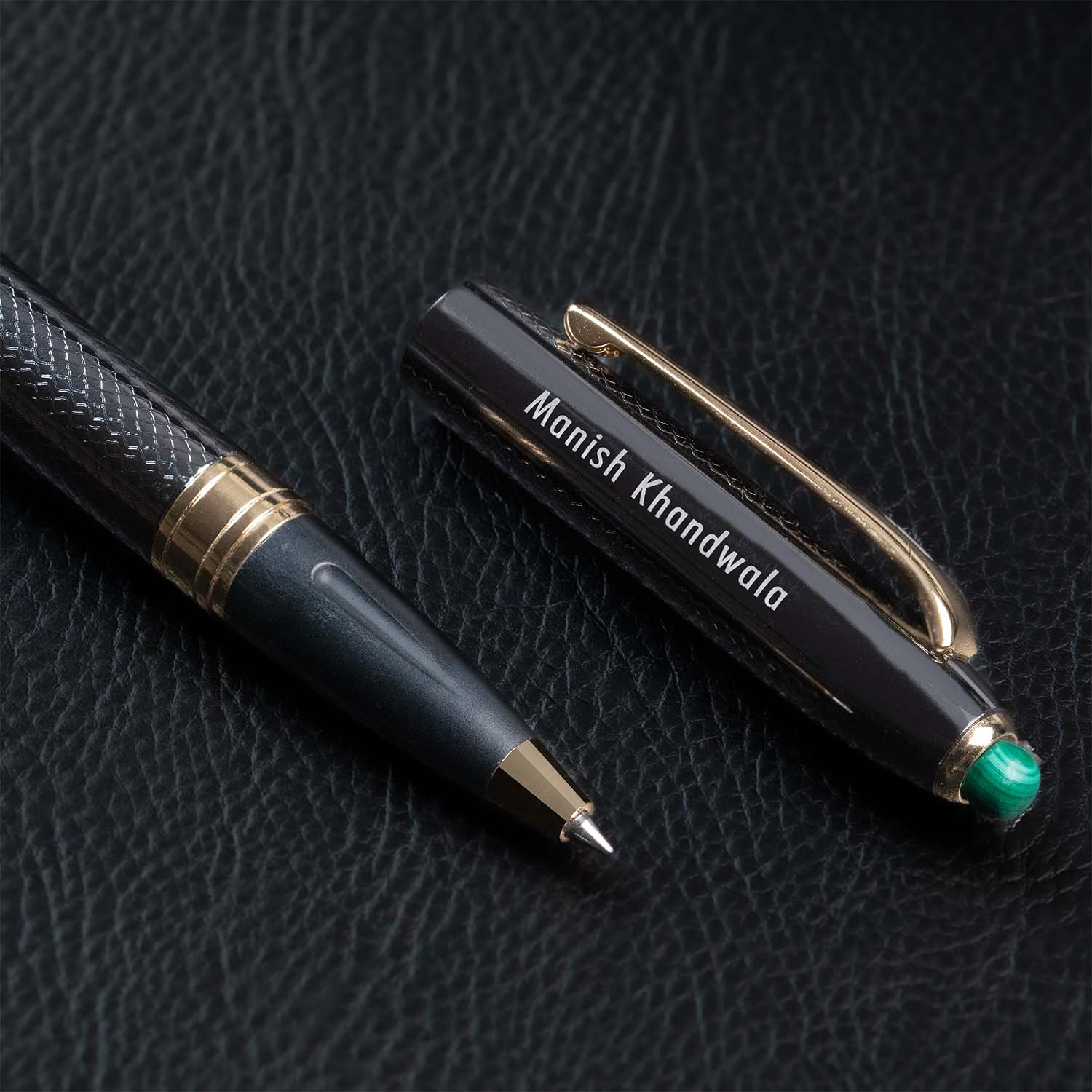 Matte Black Notebook with Malachite 2 in 1 MagSnap Roller Ball Pen with Stylus Personalised
