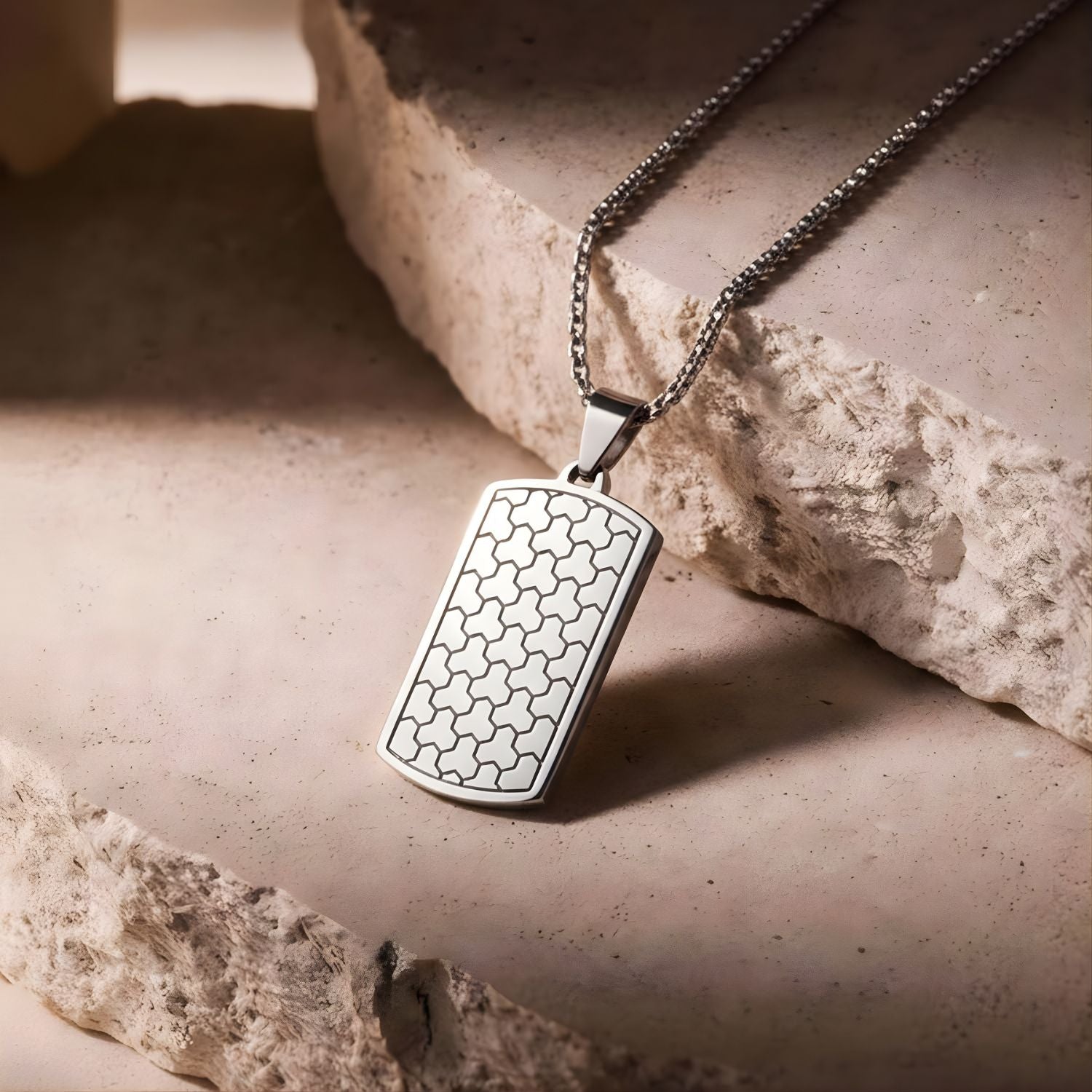 Silver Stainless Steel Tag Necklace with Geometric design