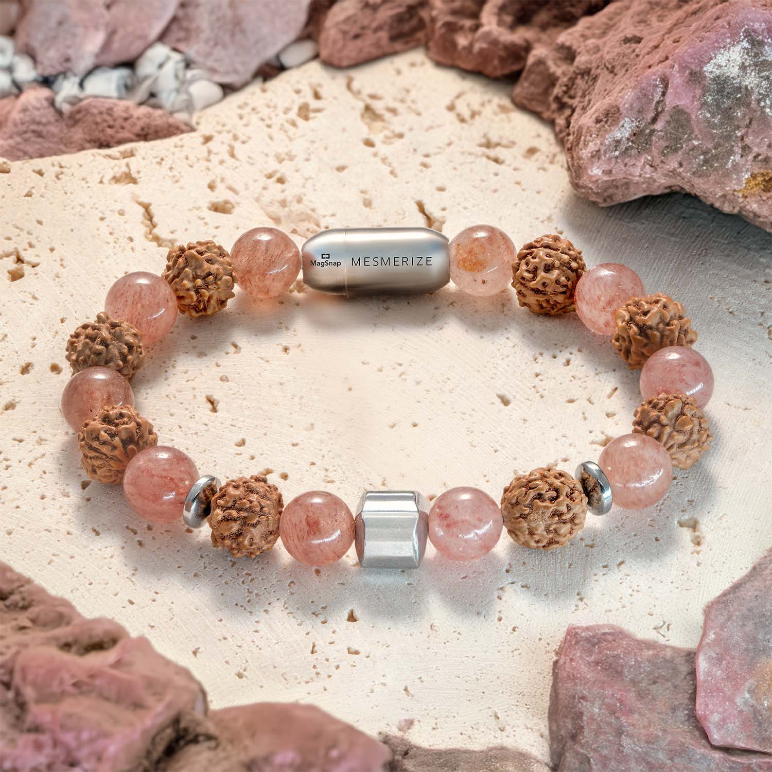 Serenity Strawberry Quartz & Rudraksh Bracelet with Magsnap2