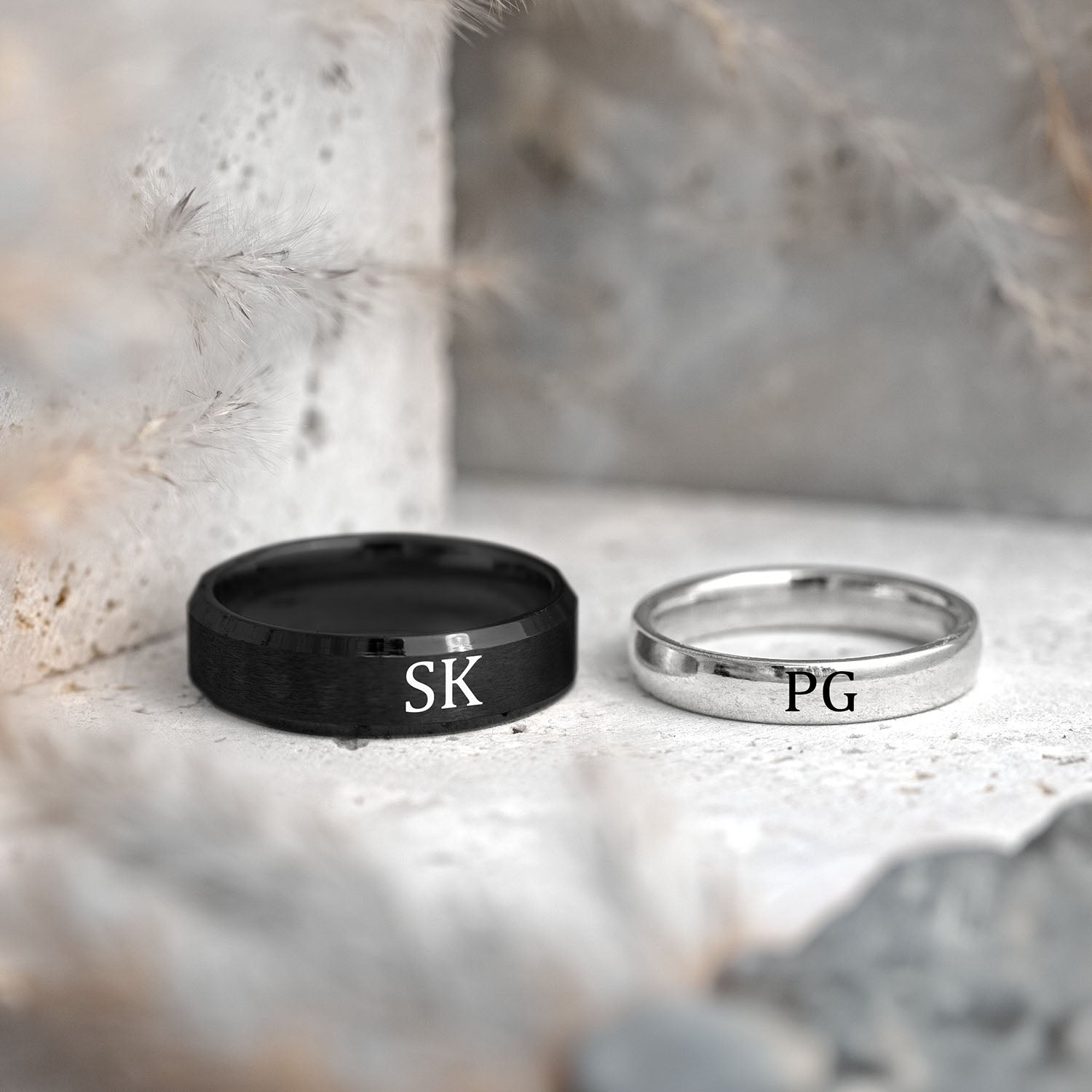 Personalised Black and Silver Couple Ring